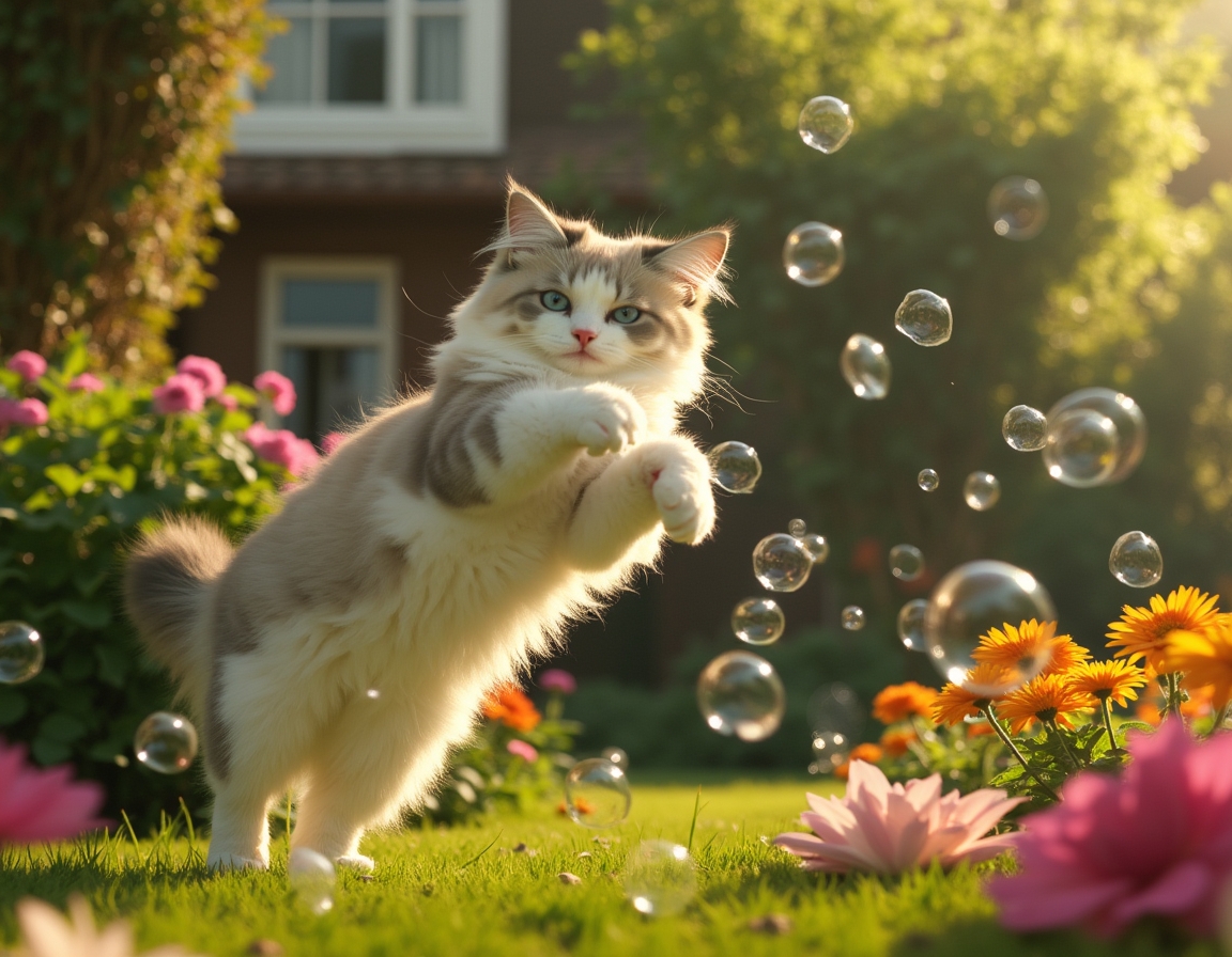 Cat leaps gracefully at a floating bubble, surrounded by a vibrant garden filled with flowers and greenery.